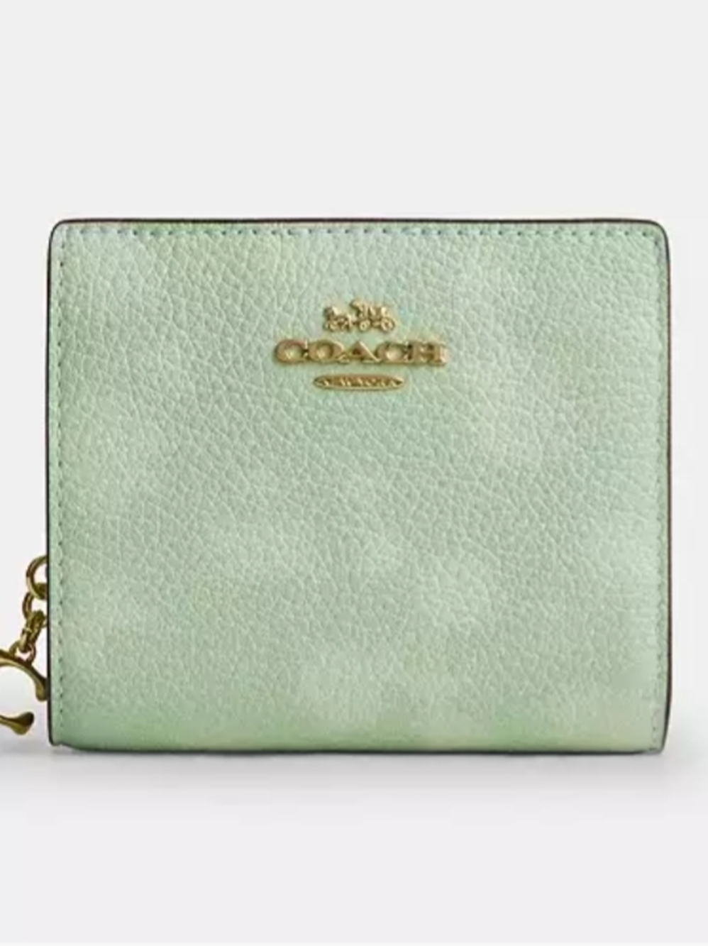Coach Mint Green Pebbled Leather Compact Wallet with Gold Logo